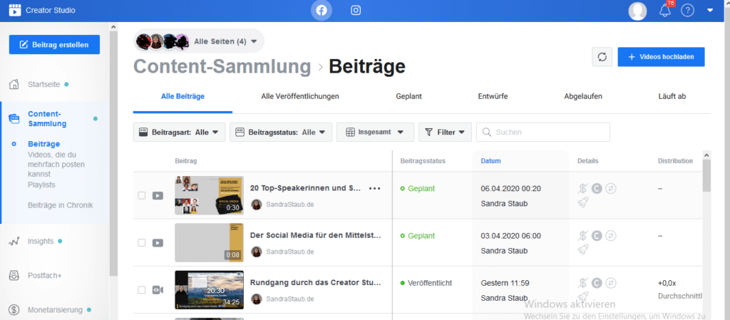 Die Facebook-Beiträge im Creator Studio sind etwas chaotisch angeordnet.