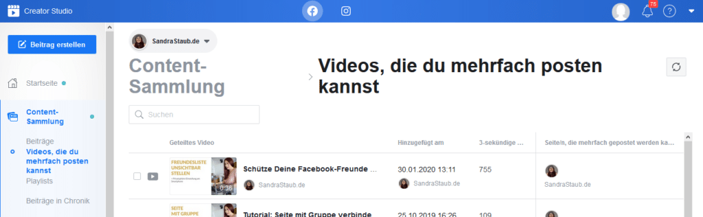 Die Übersicht der Videos is sehr ausführlich ausgebaut.