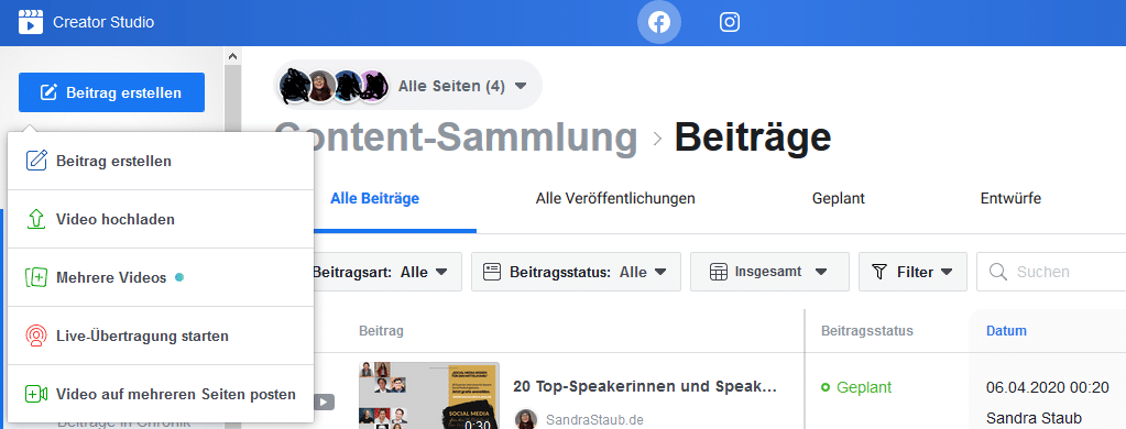 Hochladen im Facebook Creator Studio geht einfach.