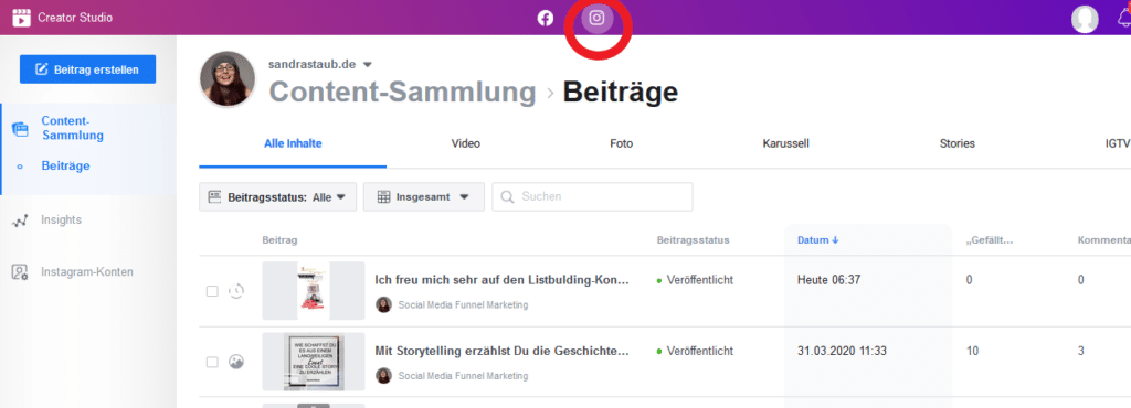 Der Instagram Bereich des Facebook Creator Studios