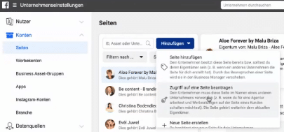 Hinzufügen von Seiten, Zugriff auf eine Seite oder neue Seite im Facebook Business Manager 