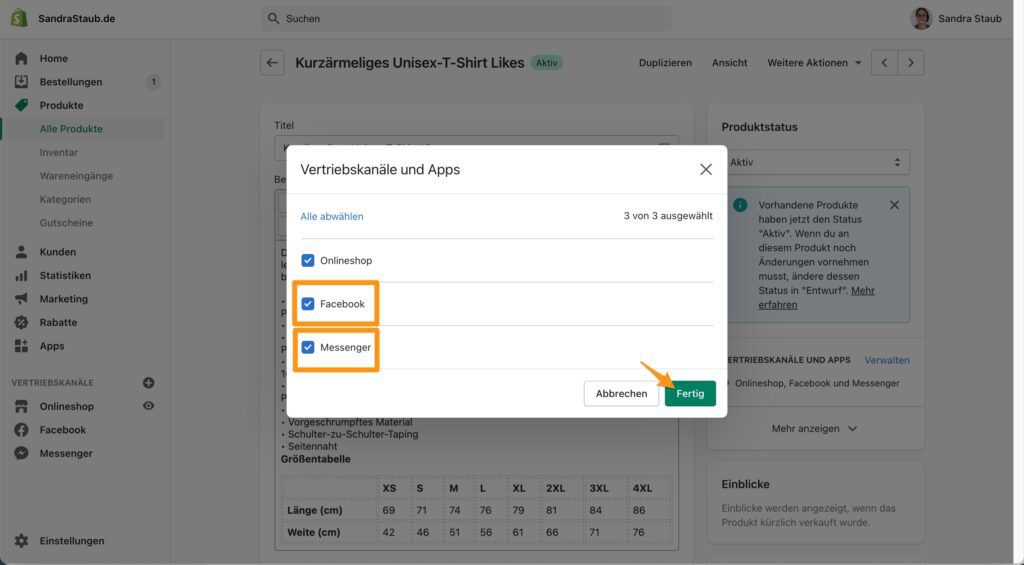 In Shopify müssen alle Produkte auf dem Vertriebskanal Facebook und falls gewünscht Messenger aktiviert sein.