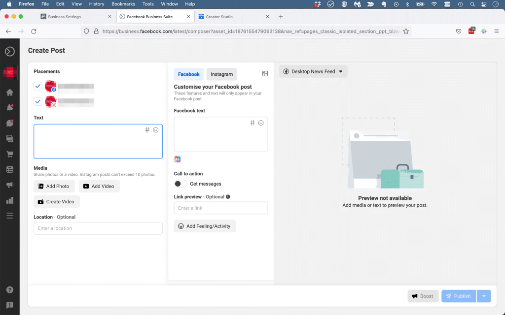 Im Create-Post-Dialog können Facebook und Instagram-Posts gleichzeitig erstellt werden.