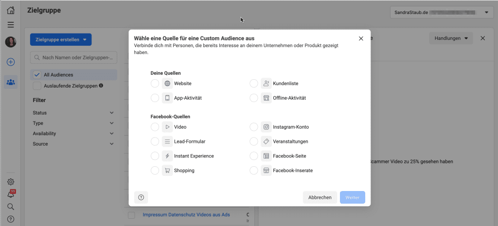 Im Bild ist das Custom Audiences-Tool von Facebook zu sehen. Die möglichen Quellen sind Webseiten, App-Aktivität, Kundenliste, Offline-Aktivität, Video, Lead-Formular, Instant-Experience, Shopping, Instagram-Konto, Veranstaltung, Facebook-Seite und Facebook Inserate.