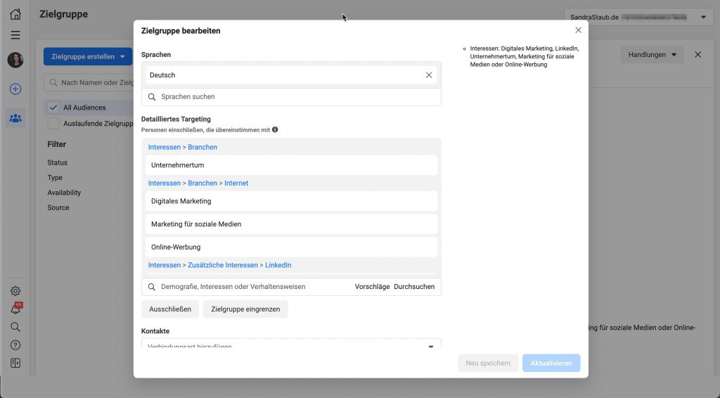 Das Facebook Zielgruppen-Interface lässt Werbetreibende nach Interessen der User aussuchen.