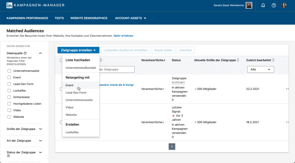 Im Bild ist das Matched Audiences Interface zu sehen. Retargeting ist möglich mit Events, Lead Gen Forms, Unternehmensseite, Video und Webseite.