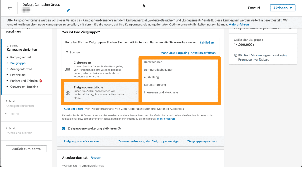 Das LinkedIn Werbeinterface lässt eine Userauswahl nach Unternehmensgröße, Ausbildungsstatus oder auch Interessen. Zusätzlich können auch Gruppen angesprochen werden.