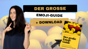 Sandra Staub zeigt auf den neuen Download des großen Emoji-Guides, der jetzt kostenfrei verfügbar ist